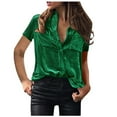 thumbnail image 1 of VALMASS Velvet Button Down Shirts for Women Short Sleeve Solid Color Cozy Blouses with Pockets Casual Tee Tops (M, Green), 1 of 3