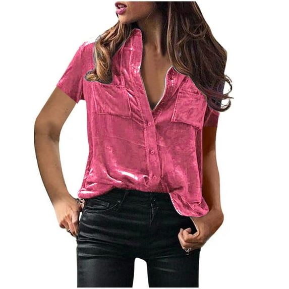 VALMASS Velvet Button Down Shirts for Women Short Sleeve Solid Color Cozy Blouses with Pockets Casual Tee Tops (S, Pink)