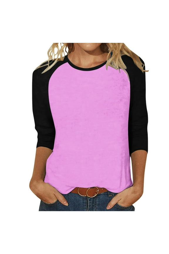 Women 3/4 Sleeve Crewneck Shirts Black Raglan Sleeve Solid Color Tunic Tee Casual Pullover T-Shirts (2XL, Light Purple)
