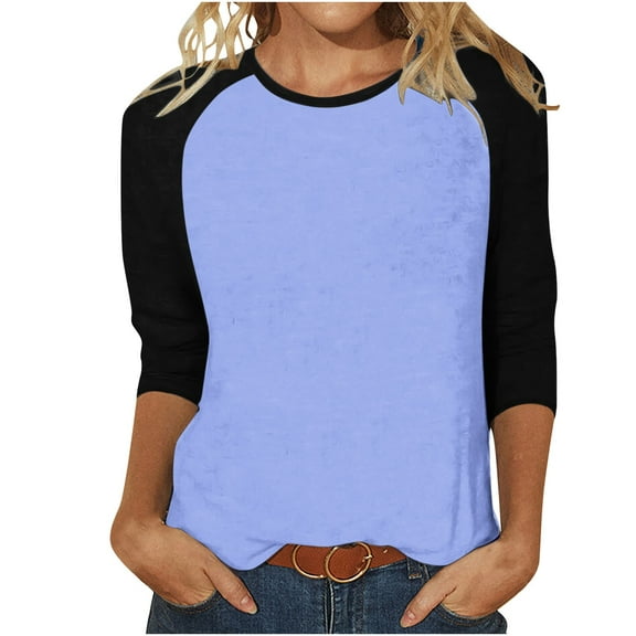VALMASS Women 3/4 Sleeve Crewneck Shirts Black Raglan Sleeve Solid Color Tunic Tee Casual Pullover T-Shirts (3XL, Blue)