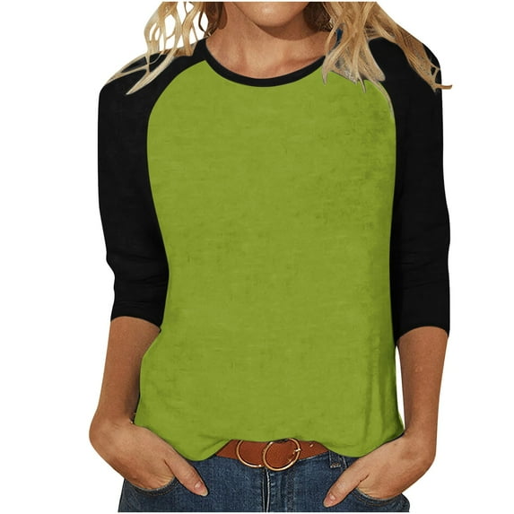 VALMASS Women 3/4 Sleeve Crewneck Shirts Black Raglan Sleeve Solid Color Tunic Tee Casual Pullover T-Shirts (L, Army Green)