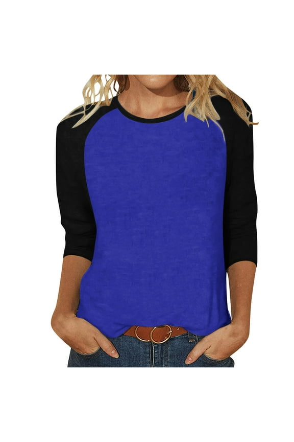 Women 3/4 Sleeve Crewneck Shirts Black Raglan Sleeve Solid Color Tunic Tee Casual Pullover T-Shirts (L, Dark Blue)