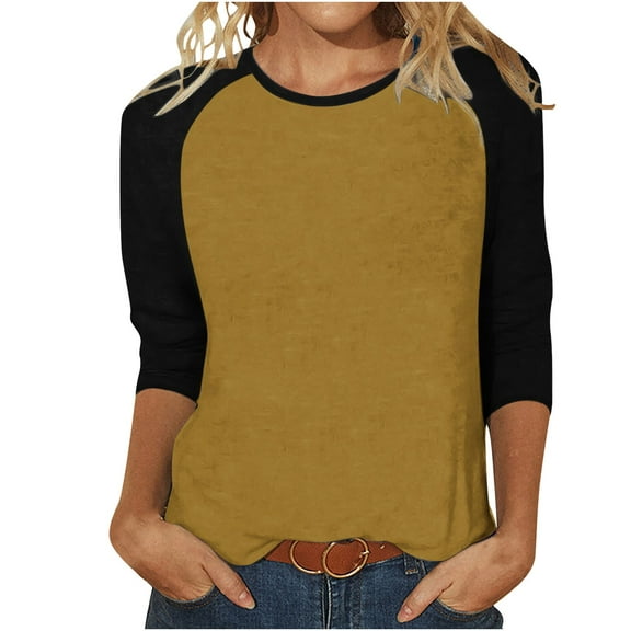 VALMASS Women 3/4 Sleeve Crewneck Shirts Black Raglan Sleeve Solid Color Tunic Tee Casual Pullover T-Shirts (XL, Gold)
