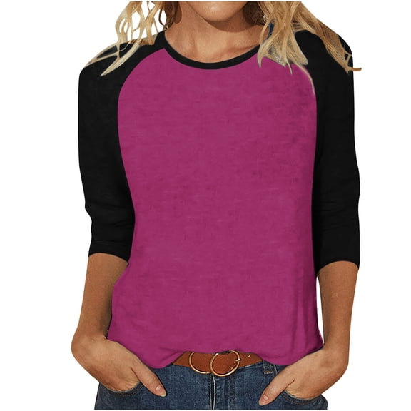 VALMASS Women 3/4 Sleeve Crewneck Shirts Black Raglan Sleeve Solid Color Tunic Tee Casual Pullover T-Shirts (XL, Hot Pink)