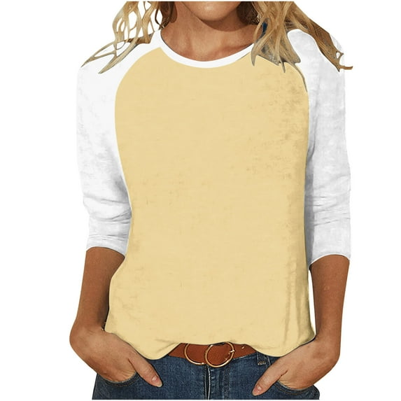 VALMASS Women 3/4 Sleeve Crewneck Shirts White Raglan Sleeve Solid Color Tunic Tee Casual Pullover T-Shirts (2XL, Khaki)