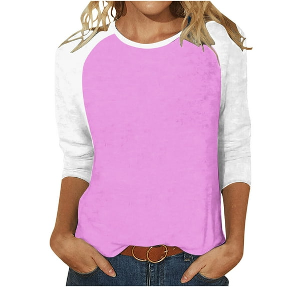VALMASS Women 3/4 Sleeve Crewneck Shirts White Raglan Sleeve Solid Color Tunic Tee Casual Pullover T-Shirts (2XL, Pink)