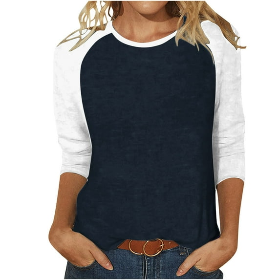 VALMASS Women 3/4 Sleeve Crewneck Shirts White Raglan Sleeve Solid Color Tunic Tee Casual Pullover T-Shirts (M, Black)