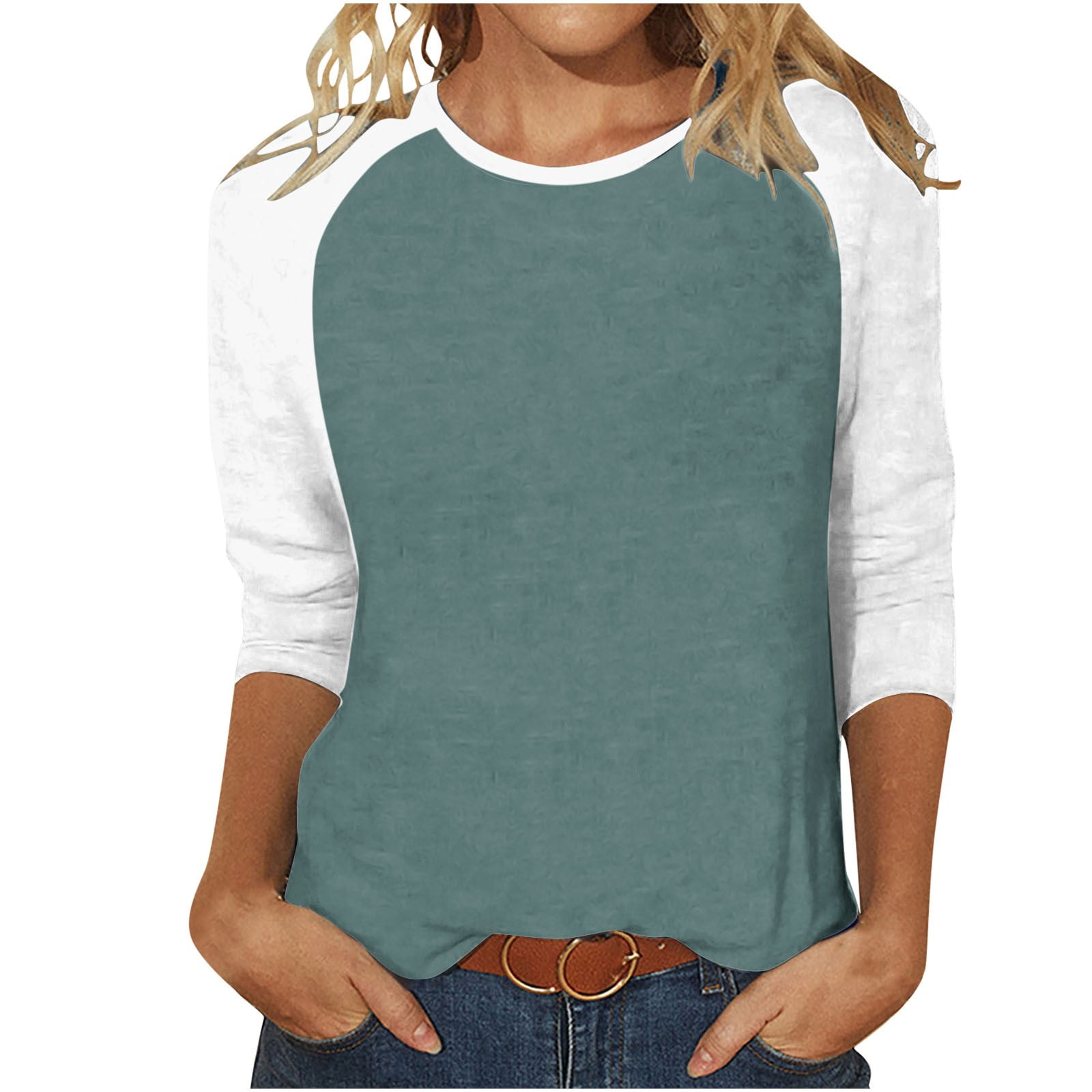 VALMASS Women 3/4 Sleeve Crewneck Shirts White Raglan Sleeve Solid ...