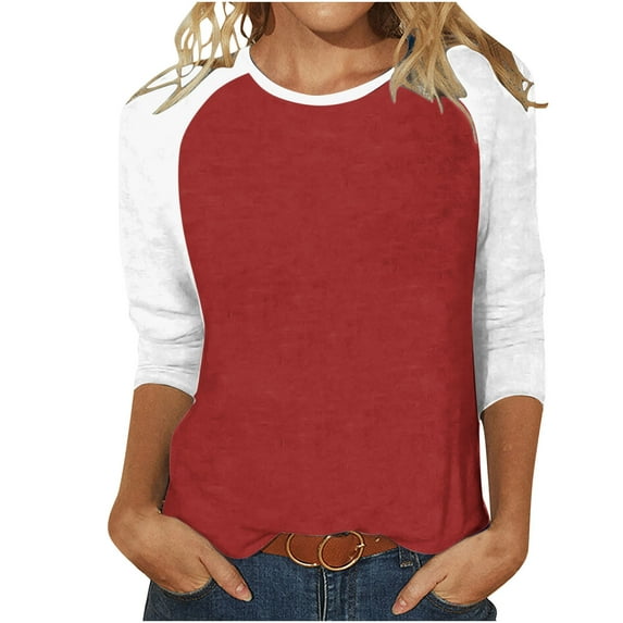 VALMASS Women 3/4 Sleeve Crewneck Shirts White Raglan Sleeve Solid Color Tunic Tee Casual Pullover T-Shirts (M, Wine-A)