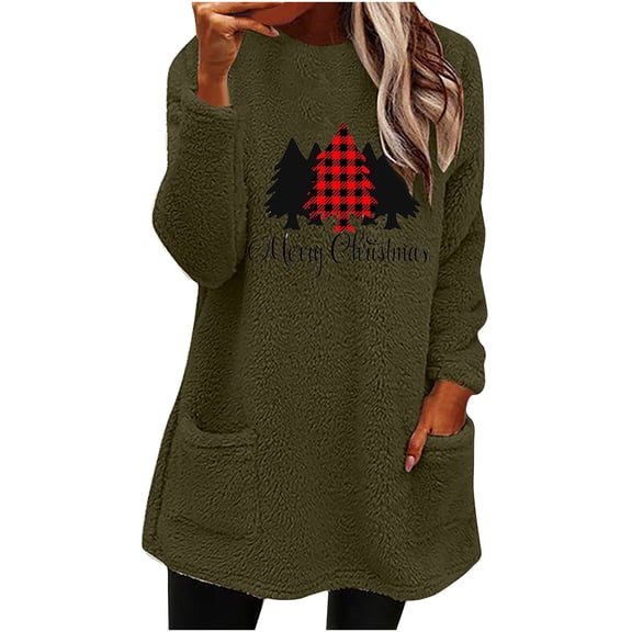VALMASS Women Merry Christmas Crewneck Warm Tops Plus Size Long Sleeve Winter Velvet Tops Thick Thermal Sweaters (L, F Army Green)
