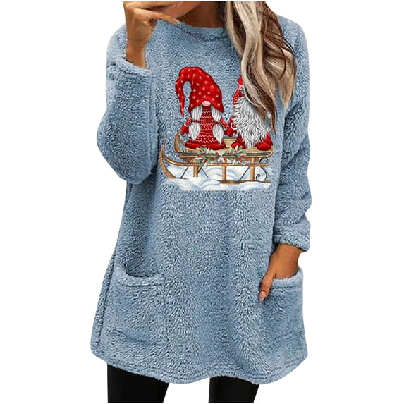 VALMASS Women Merry Christmas Crewneck Warm Tops Plus Size Long Sleeve Winter Velvet Tops Thick Thermal Sweaters (M, G Light Blue)