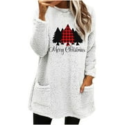 VALMASS Women Merry Christmas Crewneck Warm Tops Plus Size Long Sleeve Winter Velvet Tops Thick Thermal Sweaters (XL, E Army Green)