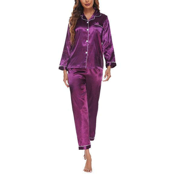 VALMASS Women Pajama Sets Button Long Sleeve Solid Loungewear Sets Comfort 2PC Nightwear Pjs with Pocket (L, Purple)