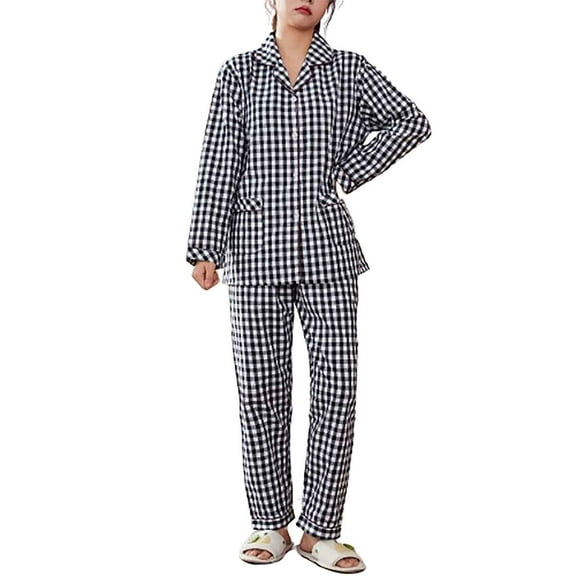 VALMASS Women Plaid Pajama Sets Long Sleeve Blouse and Lounge Pant with Pockets 2 Piece Button Down Pjs Sets (L, A Black)