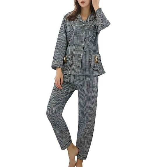 VALMASS Women Plaid Pajama Sets Long Sleeve Blouse and Lounge Pant with Pockets 2 Piece Button Down Pjs Sets (XL, A Black)