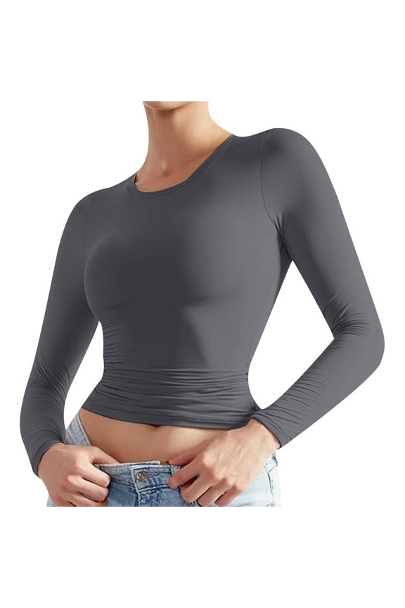 Women Slim-Fit Shirts Solid Long Sleeve Tunic Crop Tops Basic Undershirts Casual Lightweight Tee (S, Gray)