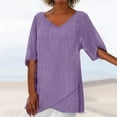 thumbnail image 1 of VALMASS Women V Neck 3/4 Sleeve Shirts Ruffle Asymmetrical Hem Pullover Loose T-Shirts Casual Solid Tops Tee (L, Purple), 1 of 8