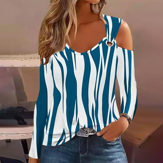 VALMASS Women's Cold Shoulder V Neck Shirts Long Sleeve Fashion Print Tunic Tops Plus Size Daily Casual T-Shirt (L, B Blue)