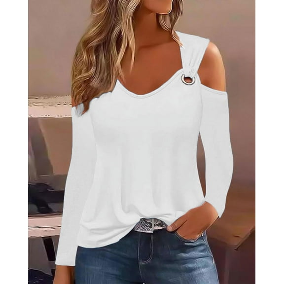 VALMASS Women's Cold Shoulder V Neck Shirts Long Sleeve Solid Color Tunic Tops Plus Size Daily Casual T-Shirt (XL, B White)
