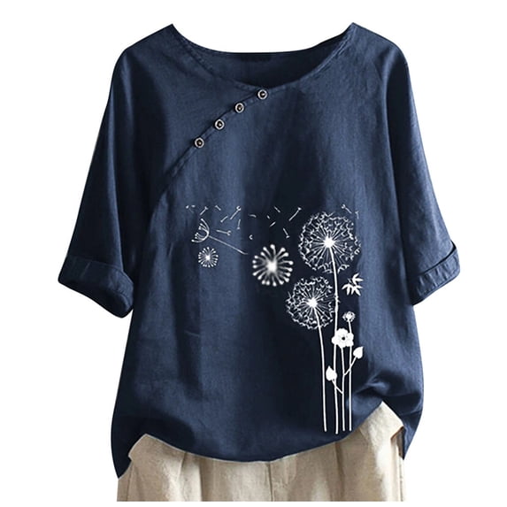 VALMASS Womens Cotton Linen Shirts Short Sleeve Button Round Neck Pullover Tops Casual Loose Printed Blouses (2XL, D Navy)