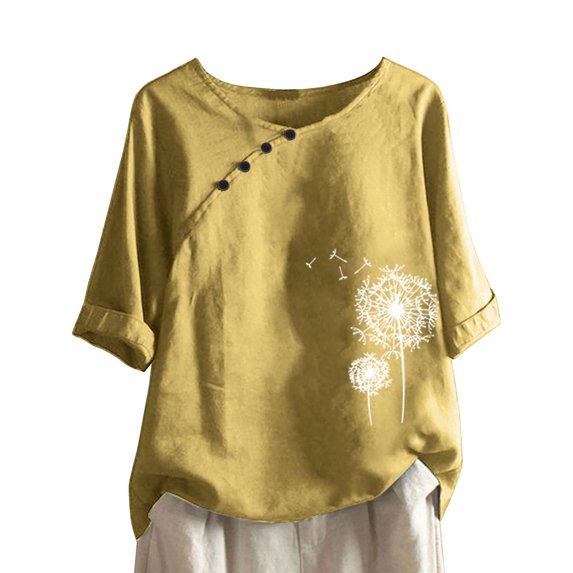 VALMASS Womens Cotton Linen Shirts Short Sleeve Button Round Neck Pullover Tops Casual Loose Printed Blouses (L, B Yellow)