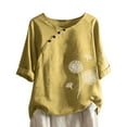 thumbnail image 1 of VALMASS Womens Cotton Linen Shirts Short Sleeve Button Round Neck Pullover Tops Casual Loose Printed Blouses (XL, A Yellow), 1 of 6