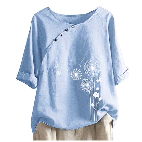 VALMASS Womens Cotton Linen Shirts Short Sleeve Button Round Neck Pullover Tops Casual Loose Printed Blouses (XL, D Light blue)
