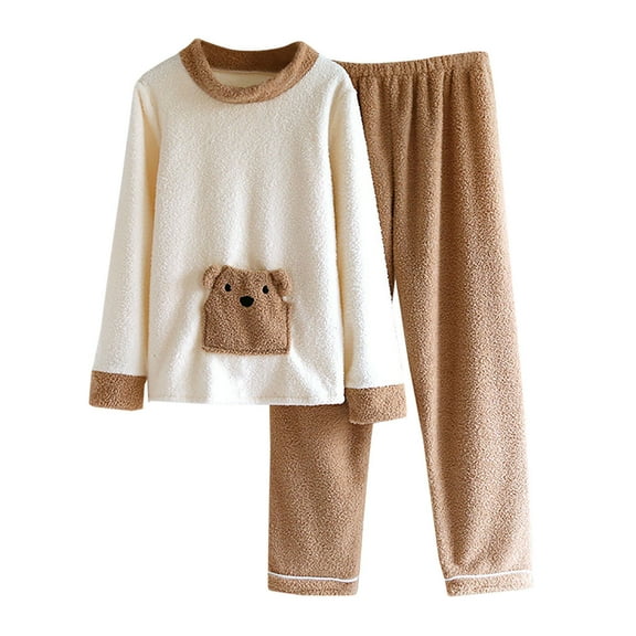 VALMASS Womens Flannel Long Sleeve Top and Loose Cozy Pant Pajama Sets with Cute Pocket Pjs Sleepwear Set (M, Khaki)