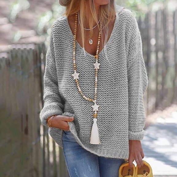 VALMASS Womens Knit Pullover Deep V Neck Sweater Plus Size Long Sleeve Solid Tops Casual Loose Fitting Sweater (2XL, Gray)
