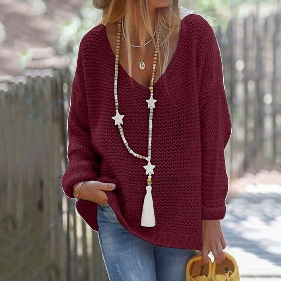VALMASS Womens Knit Pullover Deep V Neck Sweater Plus Size Long Sleeve Solid Tops Casual Loose Fitting Sweater (L, Wine)