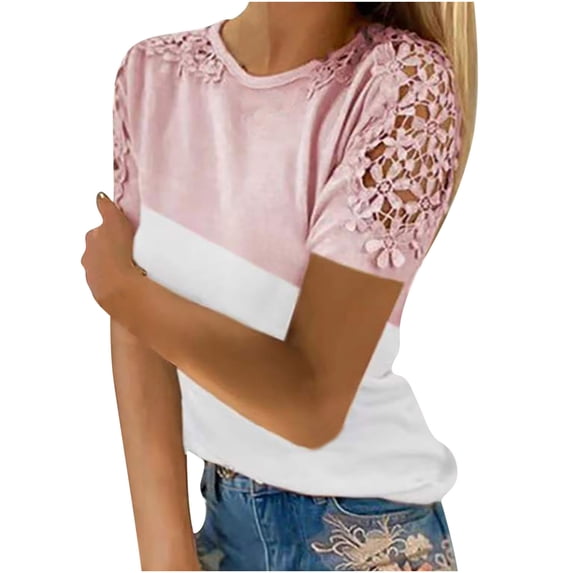 VALMASS Womens Lace Short Sleeve Shirts Crewneck Patchwork Casual Pullover Tops Plain Tunic Blouses T-Shirts (L, Pink)
