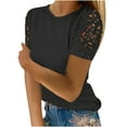 thumbnail image 1 of VALMASS Womens Lace Short Sleeve Shirts Crewneck Solid Color Casual Pullover Tops Plain Tunic Blouses T-Shirts (5XL, Black), 1 of 5
