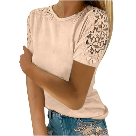 VALMASS Womens Lace Short Sleeve Shirts Crewneck Solid Color Casual Pullover Tops Plain Tunic Blouses T-Shirts (S, Beige)