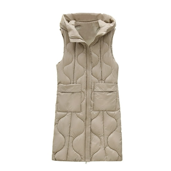 Savings Womens Long Quilted Vests with Hood Sleeveless Winter Warm Full Zip Fleece Jacket Casual Going Out Windproof Coats (2XL, A Khaki)