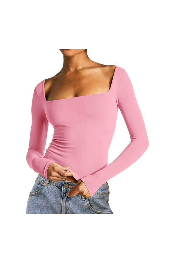 Womens Long Sleeve Basic Shirts Casual Solid Color Square Neck Crop Tops Lightweight Stretch Tee (S, Pink)