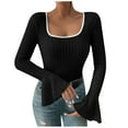thumbnail image 1 of VALMASS Womens Long Sleeve Shirt Ribbed Square Neck Flare Cuff Knit Slim Blouses Casual Solid Undershirts (S, Black), 1 of 8