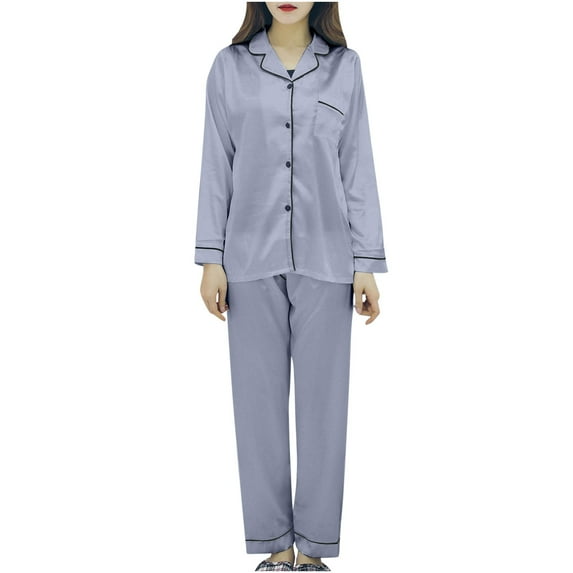 VALMASS Womens Pajama Sets Long Sleeve Nightwear Pjs Set 2Pc Solid Color Button Plus Size Soft Loungewear (L, Silver)