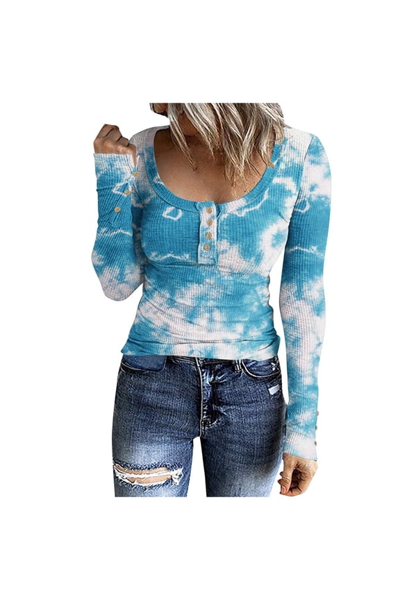 Womens Scoop Neck Henley Tops Button Long Sleeve Tie-Dye Slim Undershirts Casual Ribbed Knit Shirts (2XL, Blue-A)
