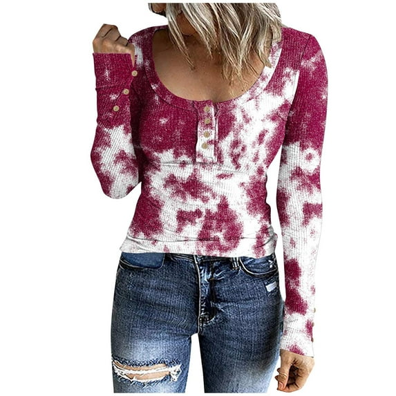 VALMASS Womens Scoop Neck Henley Tops Button Long Sleeve Tie-Dye Slim Undershirts Casual Ribbed Knit Shirts (2XL, Red)