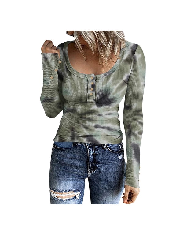 Womens Scoop Neck Henley Tops Button Long Sleeve Tie-Dye Slim Undershirts Casual Ribbed Knit Shirts (3XL, Gray)