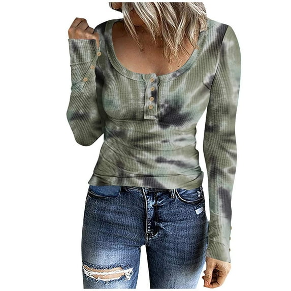 VALMASS Womens Scoop Neck Henley Tops Button Long Sleeve Tie-Dye Slim Undershirts Casual Ribbed Knit Shirts (M, Gray)