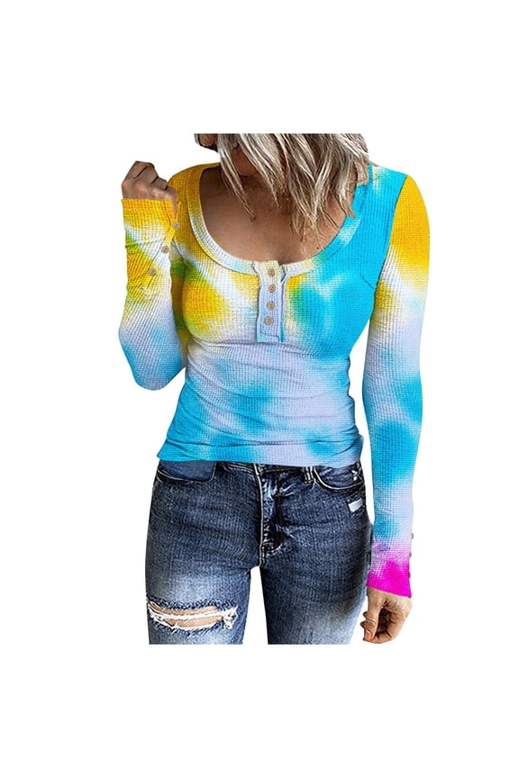Womens Scoop Neck Henley Tops Button Long Sleeve Tie-Dye Slim Undershirts Casual Ribbed Knit Shirts (M, Multicolor-A)