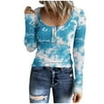 thumbnail image 1 of VALMASS Womens Scoop Neck Henley Tops Button Long Sleeve Tie-Dye Slim Undershirts Casual Ribbed Knit Shirts (S, Blue-A), 1 of 5