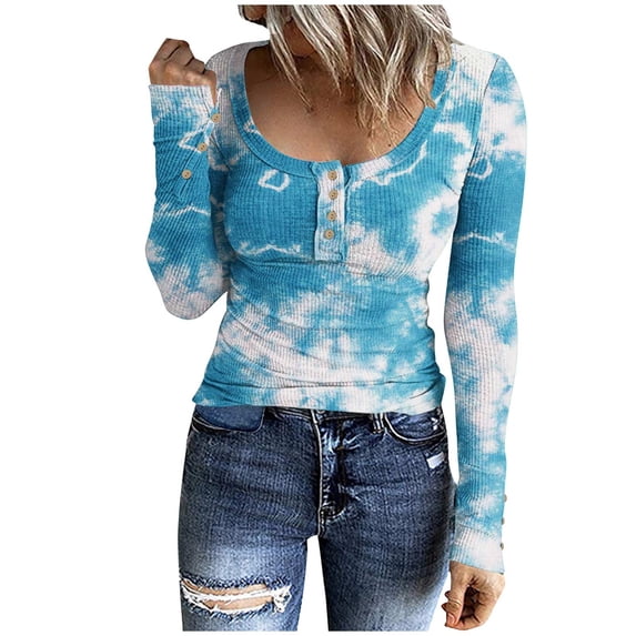 VALMASS Womens Scoop Neck Henley Tops Button Long Sleeve Tie-Dye Slim Undershirts Casual Ribbed Knit Shirts (S, Blue-A)