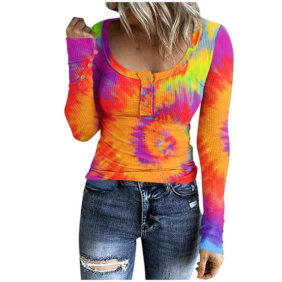 VALMASS Womens Scoop Neck Henley Tops Button Long Sleeve Tie-Dye Slim Undershirts Casual Ribbed Knit Shirts (S, Orange)