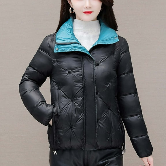 VALMASS Zip Up Stand Collar Winter Thermal Trendy Solid Color Cotton Coat Women (XL, Black)