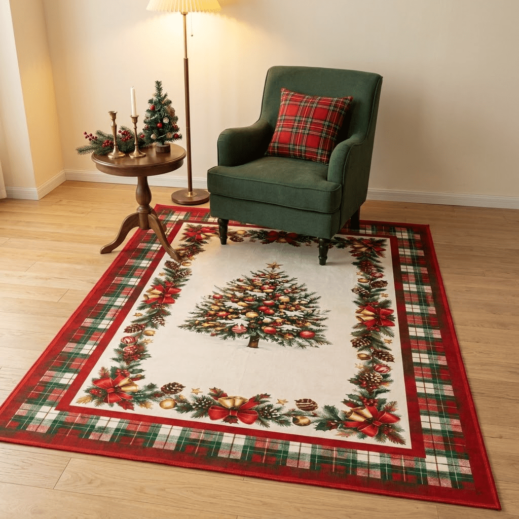 VALOMENE 4 x 6 Christmas Area Rug, Xmas Tree Plaid Border Holiday Rug ...