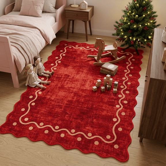 VALOMENE 4x6 Christmas Vintage Area Rug with Scalloped Edge, Soft Non-Slip Machine Washable Carpet, Floor Rug with Dotted Border for Living Room Bedroom Dining Room Home Decor