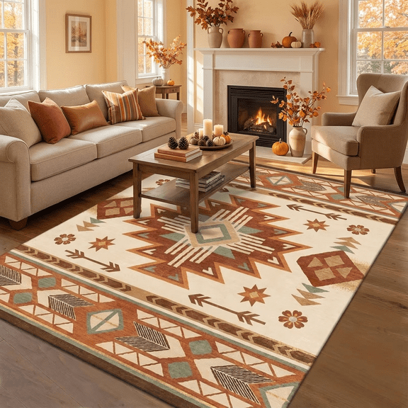 VALOMENE 7' x 10'Fall Southwestern Tribal Area Rug, Washable Non Slip Boho Geometric Carpet for Living Room Bedroom Home Decor