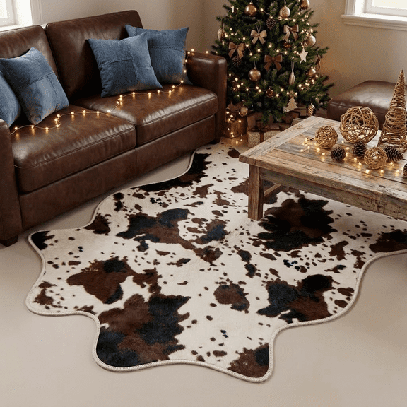VALOMENE Cow Print Area Rug, 5.3' x 7' Non-Slip Large Carpet, Vintage Western Mat for Living Room, Bedroom, Vanity, Entryway & Home Office, Rustic Cowboy Farmhouse Decor Cowboy Birthday(Brown)